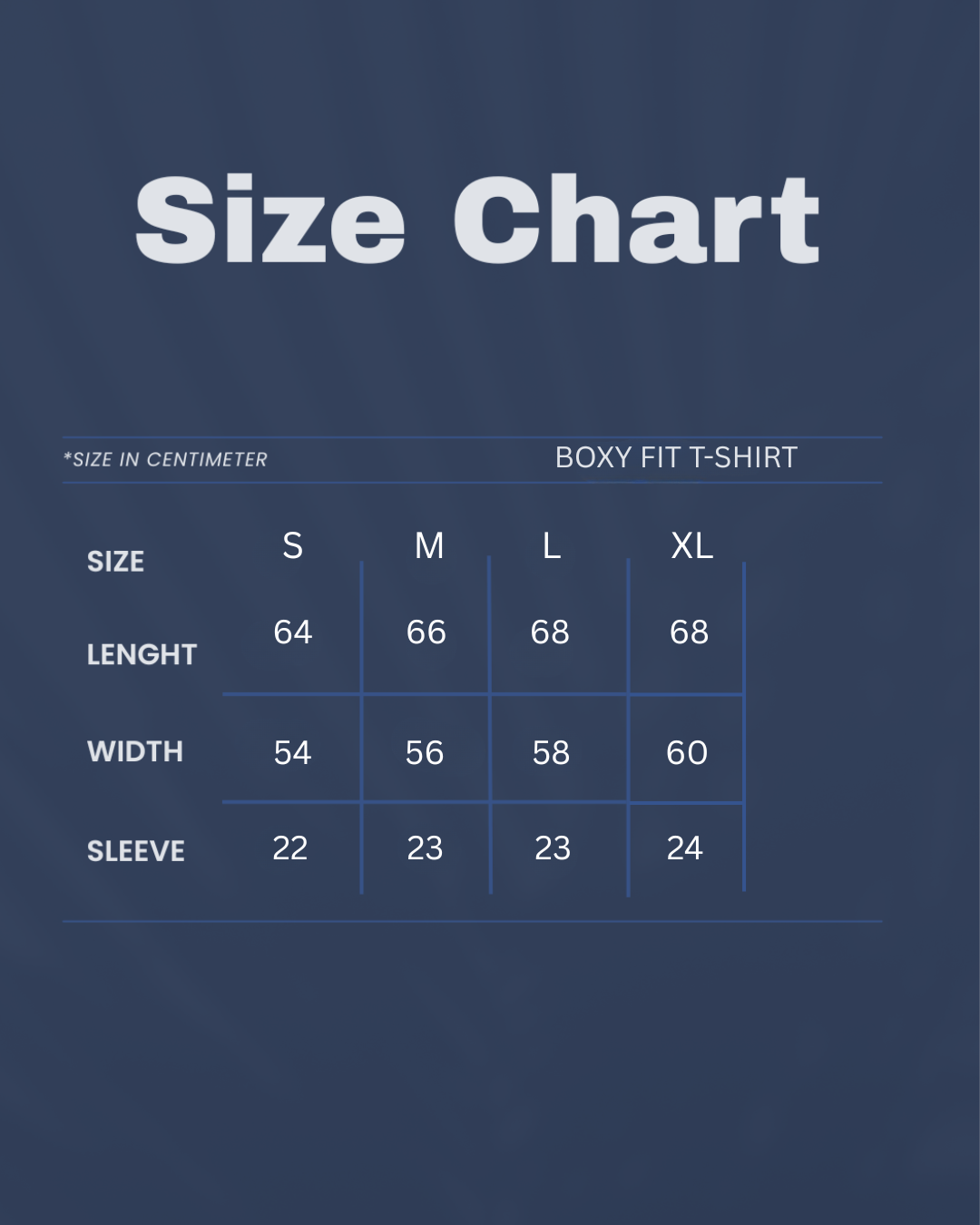 A size chart graphic for a boxy fit T-shirt, showing measurements in centimeters for sizes S, M, L, and XL. The chart is displayed on a dark navy blue background with white text.