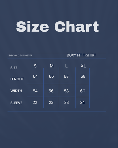 A size chart graphic for a boxy fit T-shirt, showing measurements in centimeters for sizes S, M, L, and XL. The chart is displayed on a dark navy blue background with white text.